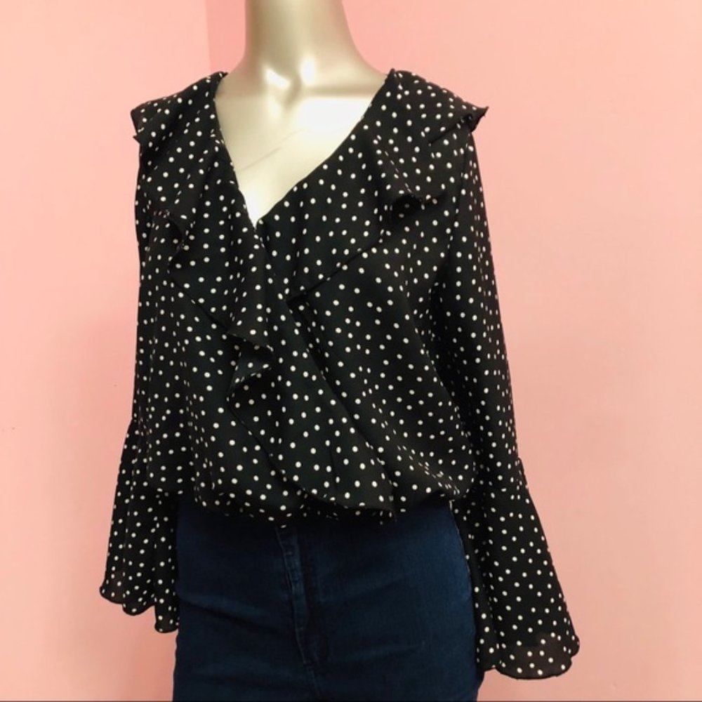 NWT Indulge PolkaDot BlackWhite Bell Sleeve Blouse